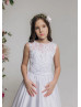 White Lace Satin Keyhole Back Flower Girl Dress